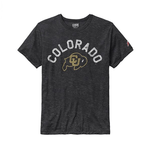 A dark gray League victory falls short sleeve t-shirt with CU Buffalo logo and "COLORADO" arched above logo.